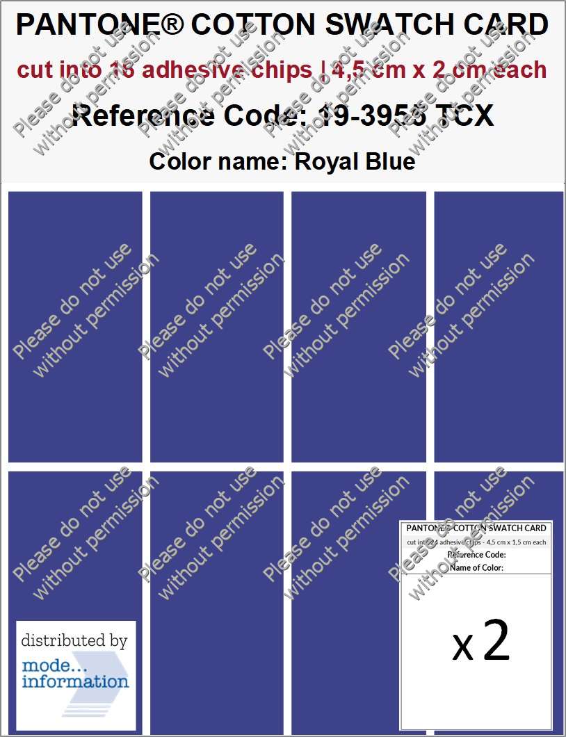 PANTONE COTTON SWATCH CARD 19-3955 TCX Royal Blue (cut into 16 adhesive chips | 4,5 cm x 2 cm)