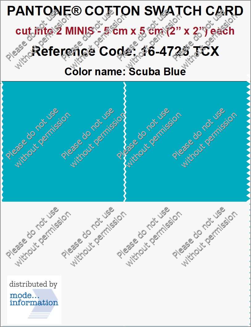PANTONE COTTON SWATCH CARD 16-4725 TCX Scuba Blue (cut into 2 MINIS | 5 cm x 5 cm)